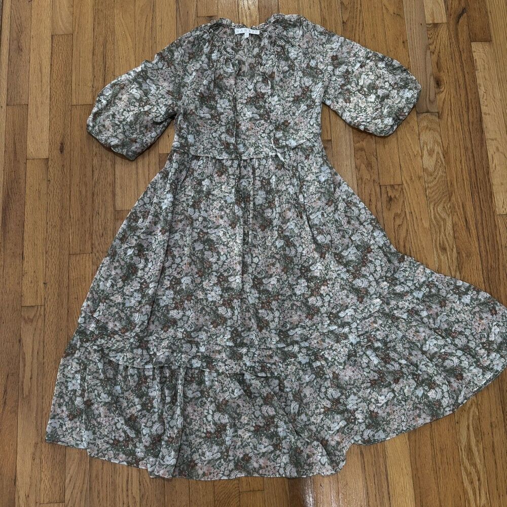 Karlie Floral Maxi Dress sheer tie Front Puff Sleeve Pink metallic gold Large